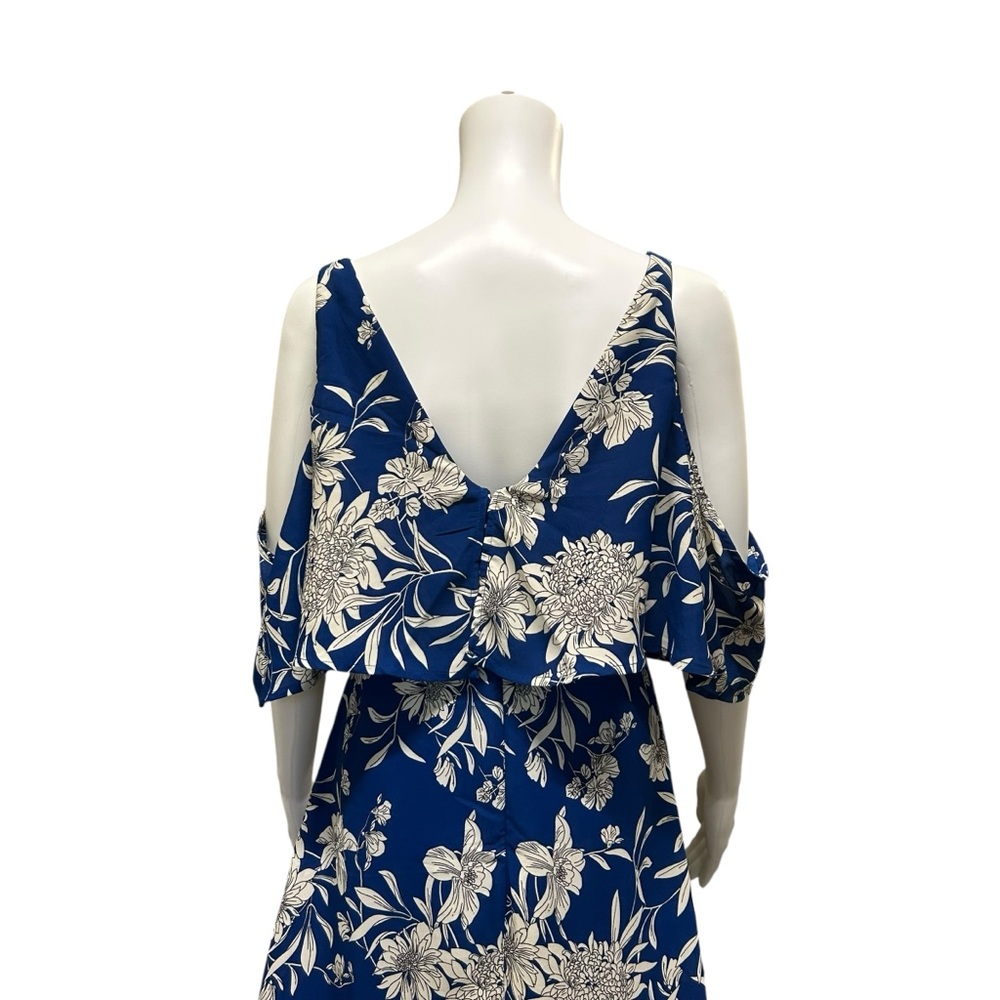 DEX Cold Shoulder Maxi Dress Blue Dahlia Floral Tiered Ruffle V-Neck Size M - Picture 9 of 11
